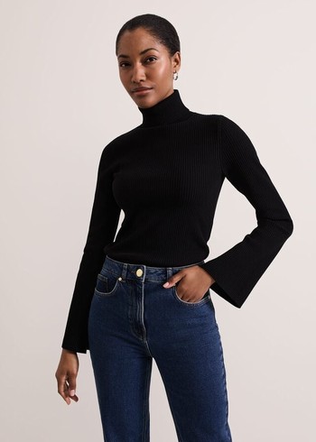 Phase Eight Fran Fluted Sleeve Ribbed Roll Neck Knitwear Black Canada | QRZEFI-187